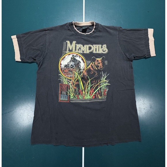 Tee's Unlimited Other - Vintage 90s Memphis T-shirt XL Black Grizzly Bear Train Spirit Of The Country